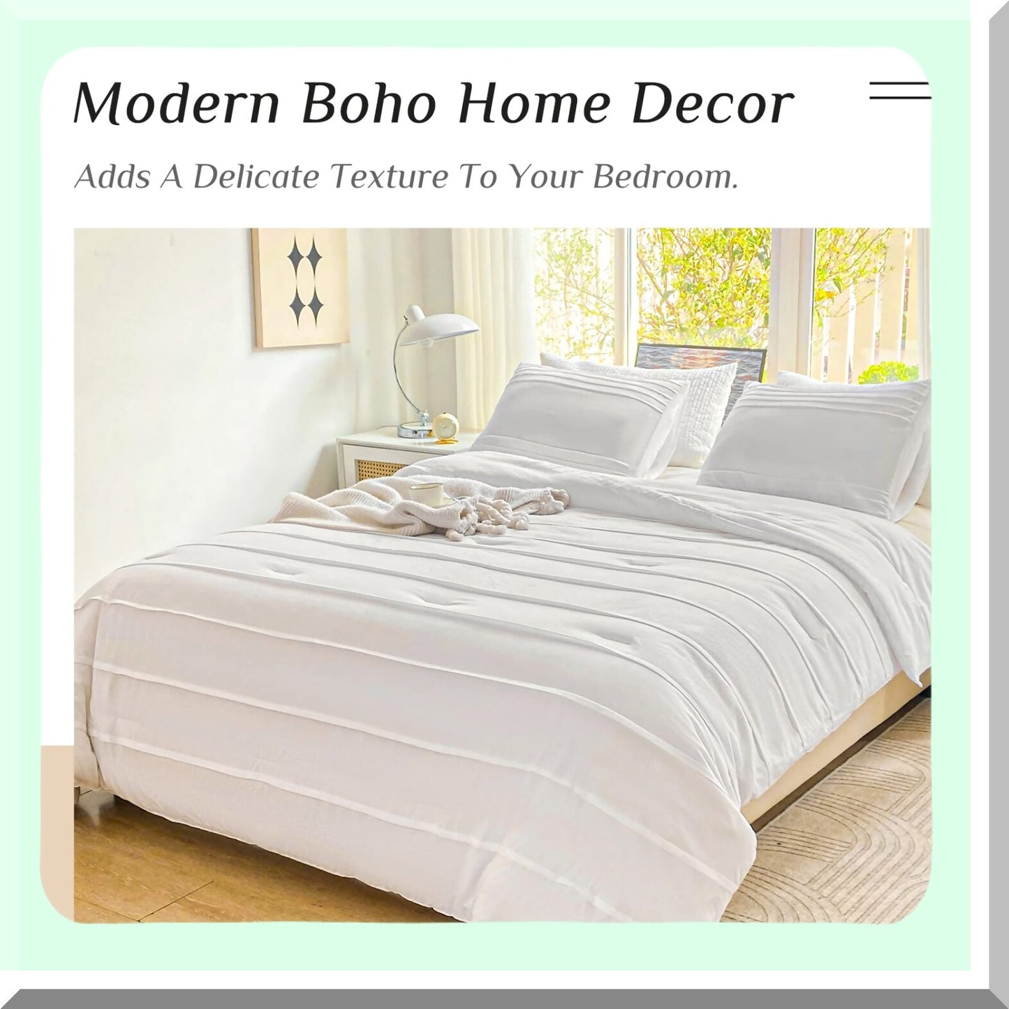 Boho Bliss White Comforter Set - Queen Size 3-Piece Bedding Bundle with Textured Pleats, Soft Microfiber Fluffiness, and Striped Down Alternative Fill.