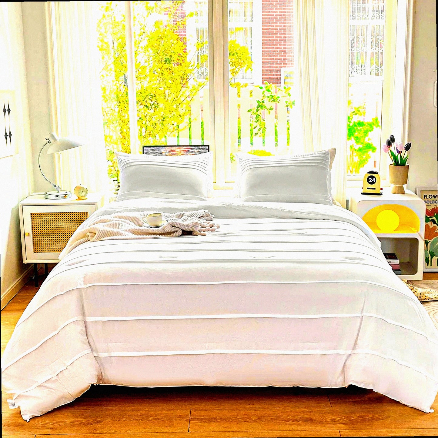 Boho Bliss White Comforter Set - Queen Size 3-Piece Bedding Bundle with Textured Pleats, Soft Microfiber Fluffiness, and Striped Down Alternative Fill.