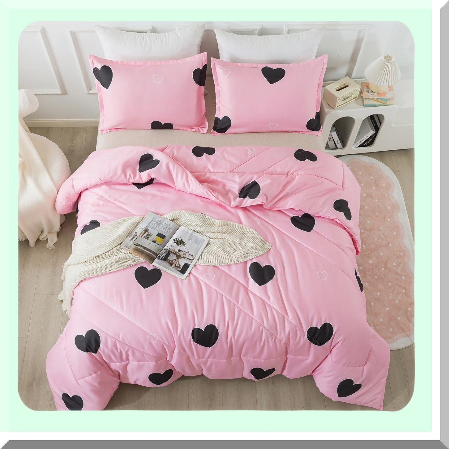 Pink Heart Geometric Comforter Set - Queen Size 3 Piece Bedding Set for Girls, Soft Microfiber Love Pattern Comforter with Pillowcases - All Seasons Cozy and Cute