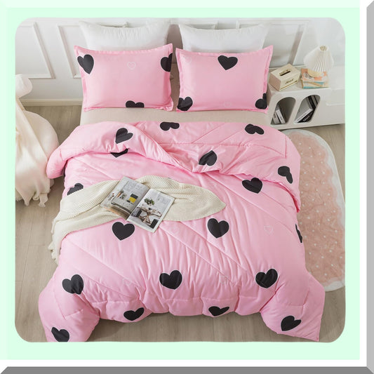 Pink Heart Geometric Comforter Set - Queen Size 3 Piece Bedding Set for Girls, Soft Microfiber Love Pattern Comforter with Pillowcases - All Seasons Cozy and Cute