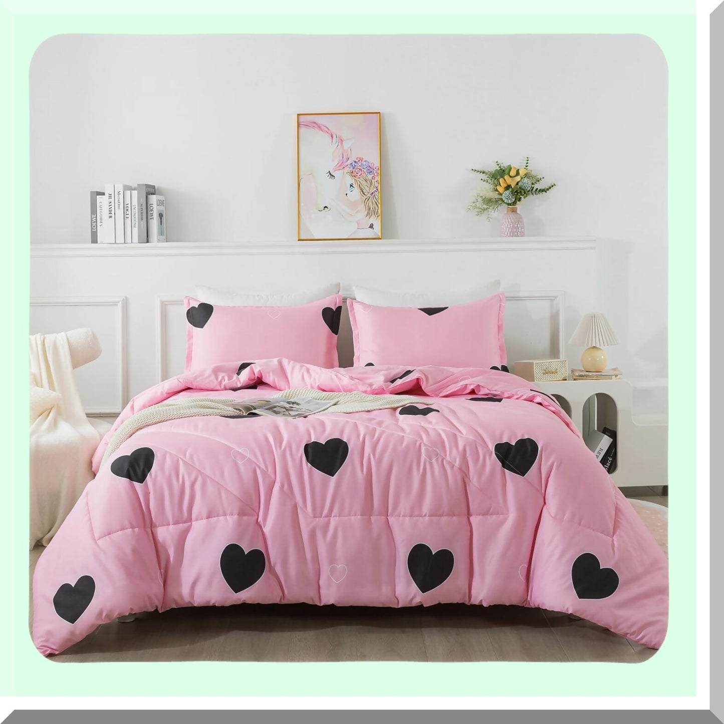 Pink Heart Geometric Comforter Set - Queen Size 3 Piece Bedding Set for Girls, Soft Microfiber Love Pattern Comforter with Pillowcases - All Seasons Cozy and Cute