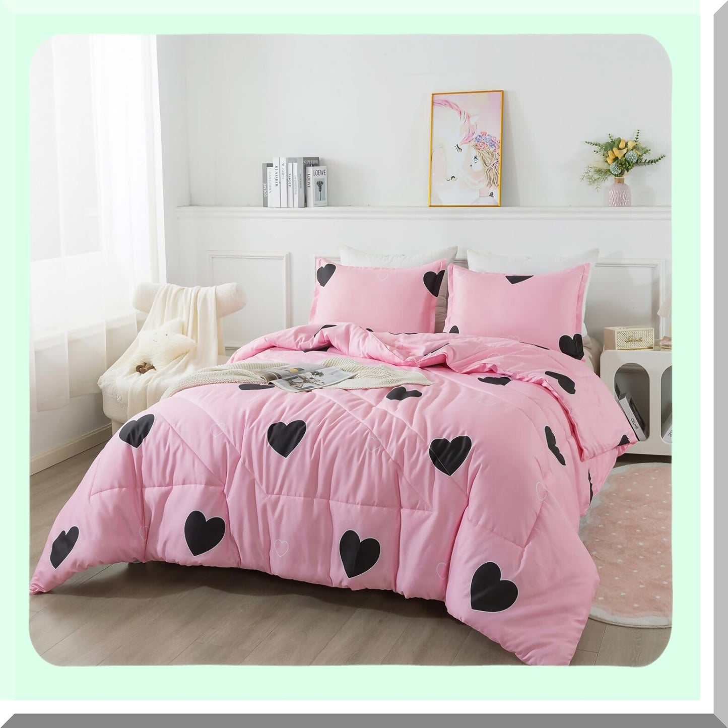 Pink Heart Geometric Comforter Set - Queen Size 3 Piece Bedding Set for Girls, Soft Microfiber Love Pattern Comforter with Pillowcases - All Seasons Cozy and Cute