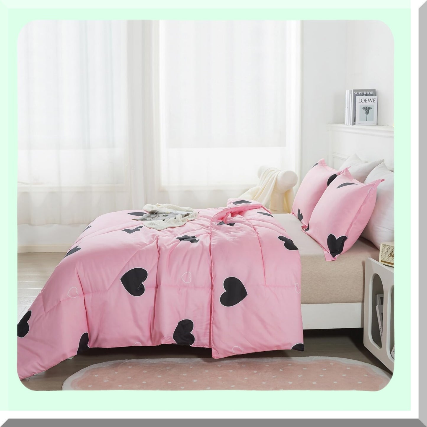 Pink Heart Geometric Comforter Set - Queen Size 3 Piece Bedding Set for Girls, Soft Microfiber Love Pattern Comforter with Pillowcases - All Seasons Cozy and Cute