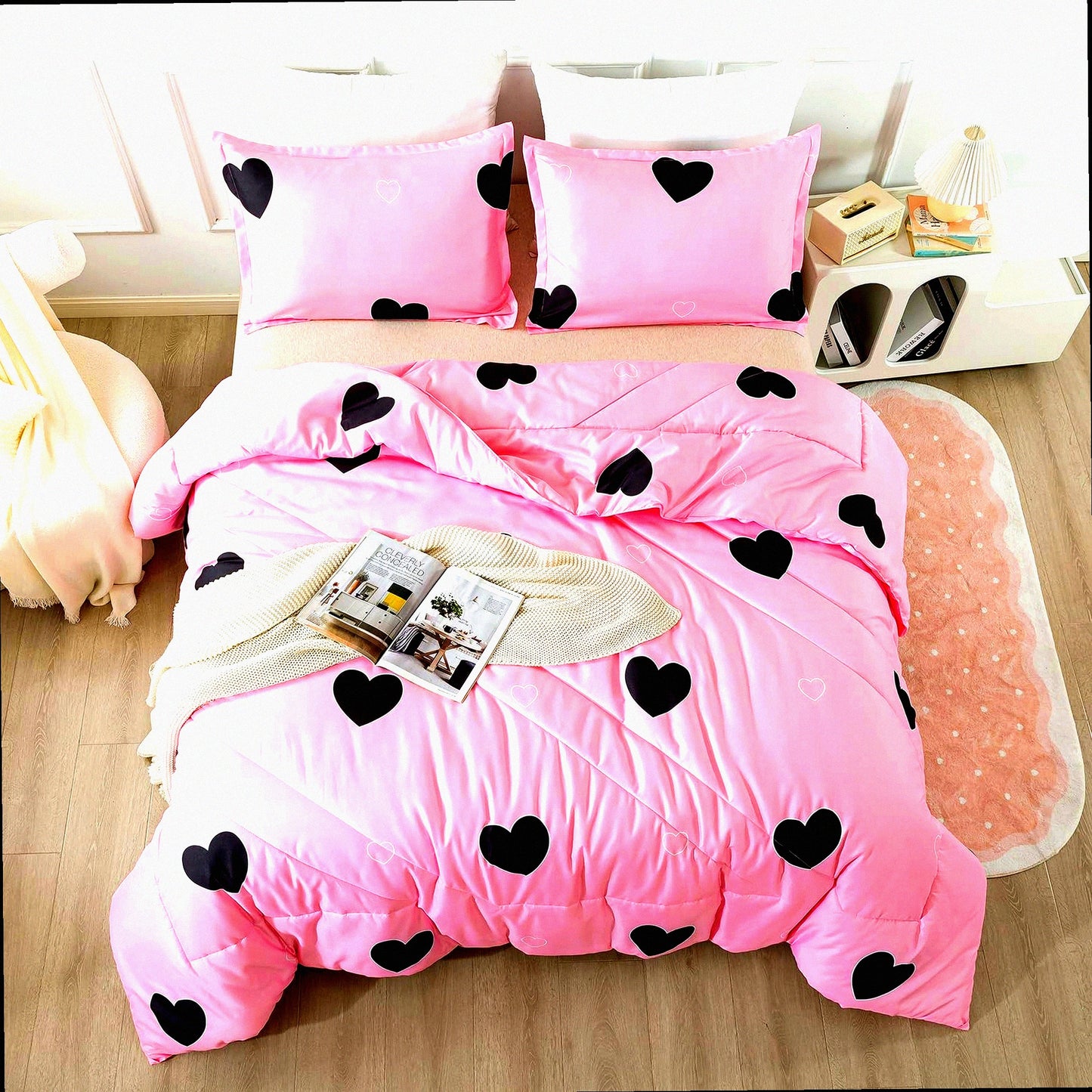 Pink Heart Geometric Comforter Set - Queen Size 3 Piece Bedding Set for Girls, Soft Microfiber Love Pattern Comforter with Pillowcases - All Seasons Cozy and Cute