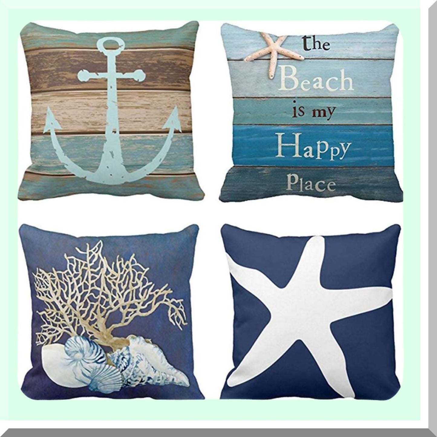 Coastal Anchor Weathered Wood Pillow Covers - Set of 4 Nautical Blue Turquoise Decorative Cases for Home Decor, Square 20x20 Inches