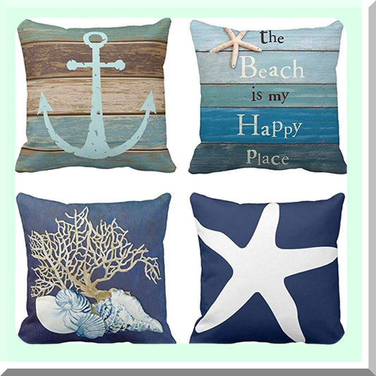 Coastal Anchor Weathered Wood Pillow Covers - Set of 4 Nautical Blue Turquoise Decorative Cases for Home Decor, Square 20x20 Inches