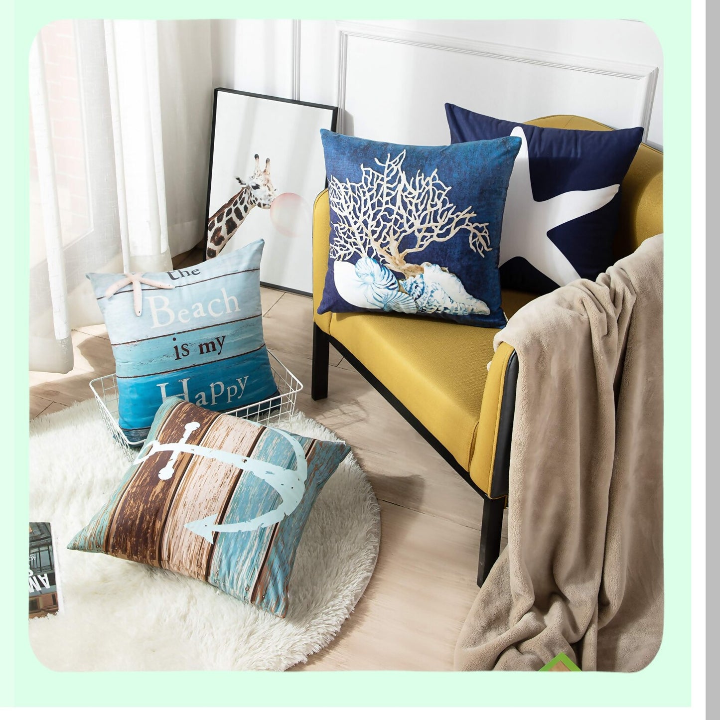 Coastal Anchor Weathered Wood Pillow Covers - Set of 4 Nautical Blue Turquoise Decorative Cases for Home Decor, Square 20x20 Inches