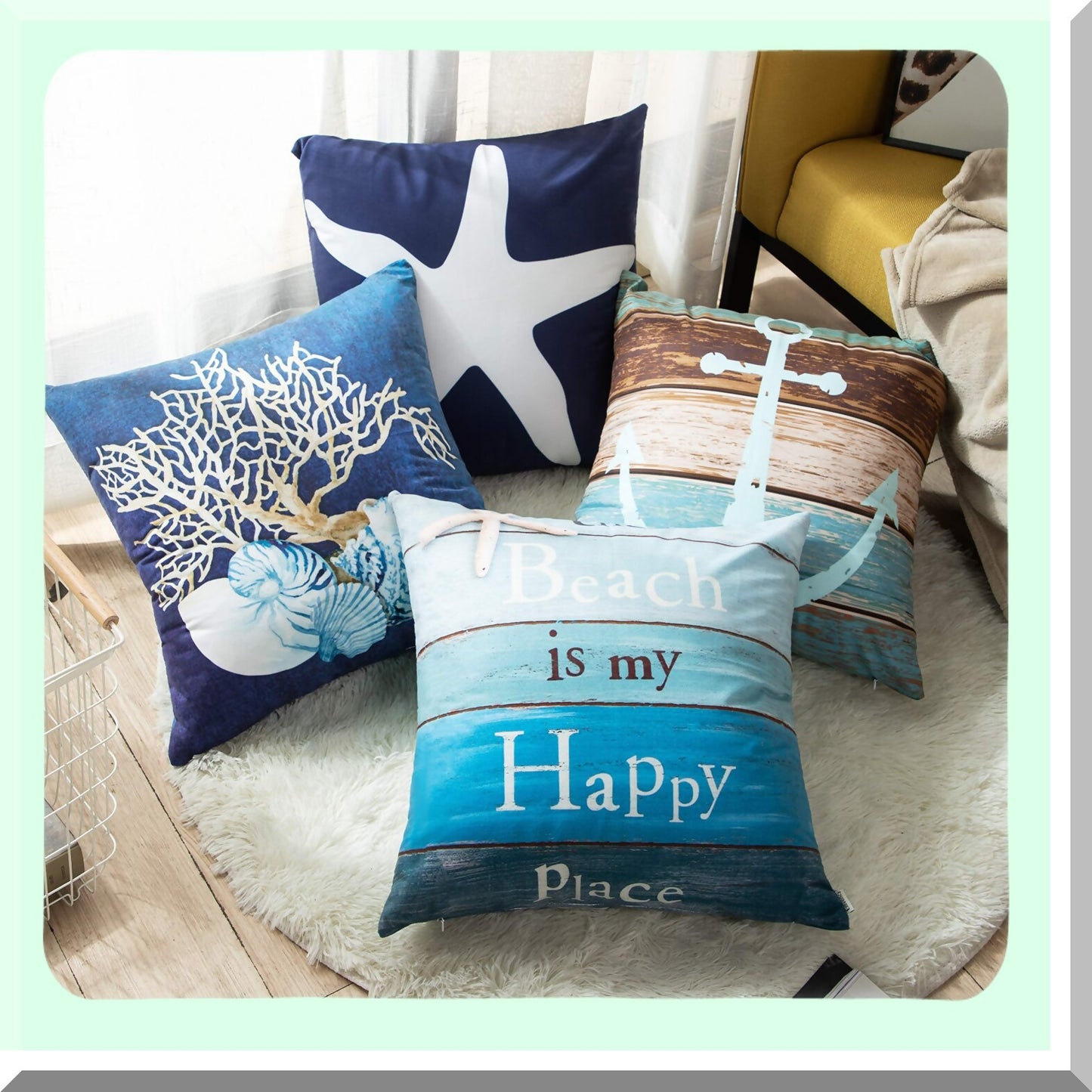 Coastal Anchor Weathered Wood Pillow Covers - Set of 4 Nautical Blue Turquoise Decorative Cases for Home Decor, Square 20x20 Inches