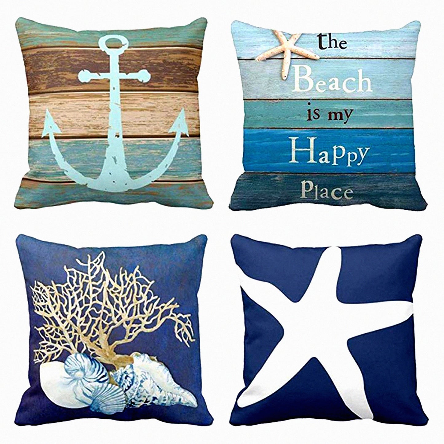 Coastal Anchor Weathered Wood Pillow Covers - Set of 4 Nautical Blue Turquoise Decorative Cases for Home Decor, Square 20x20 Inches