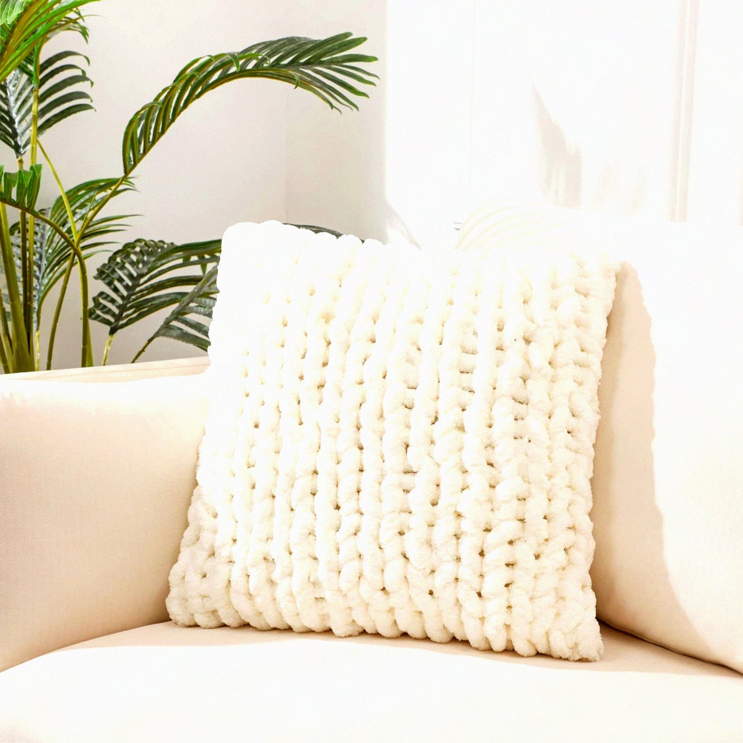 Luxury Chunky Knit Pillow Cover - Cream White Square 18" Decorative Case for Sofa & Bedroom Cushion - Soft & Stylish Home Decor Shell
