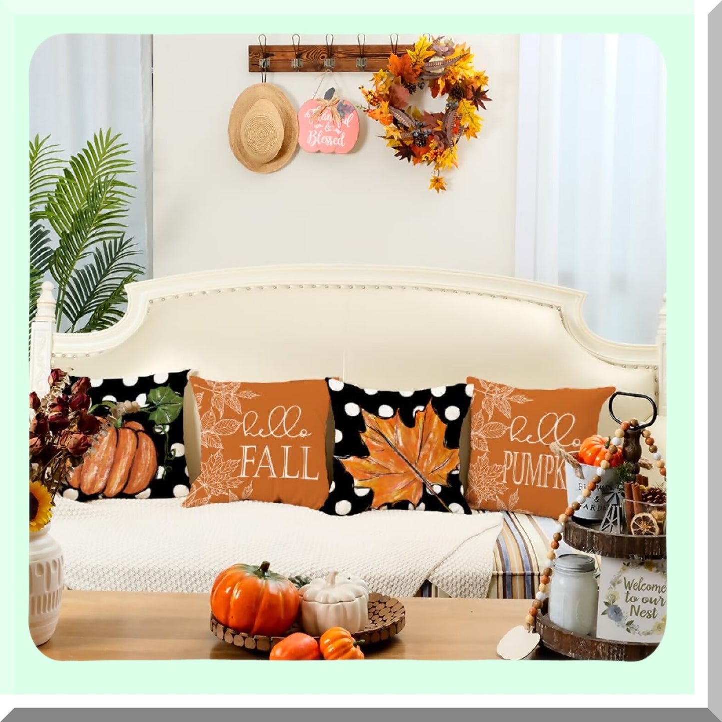 Autumn Harvest Pillow Cover Set - Pumpkin Maple Leaves Farmhouse Decorative Throw Pillow Cases for Home Couch - 18x18 Inch - Orange Color - Set of 4