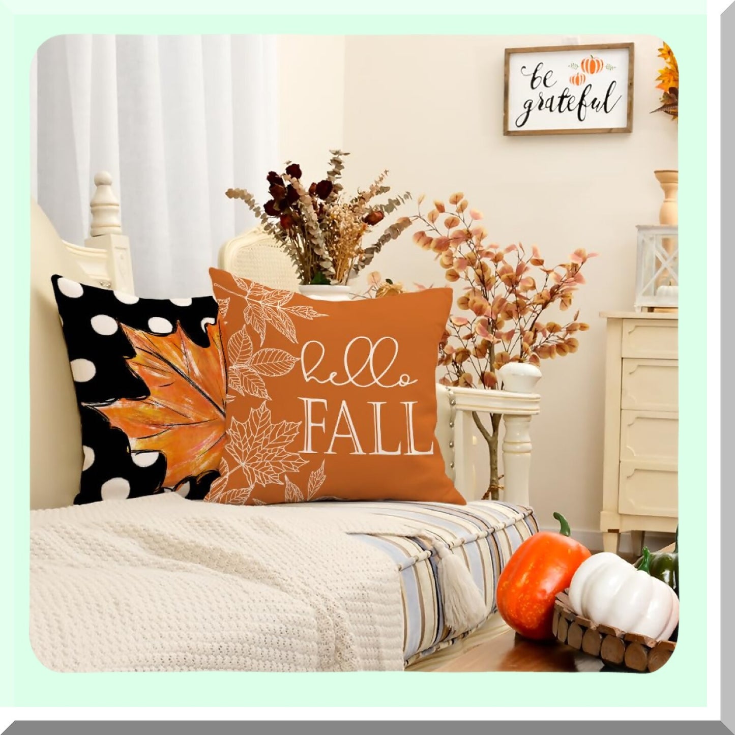 Autumn Harvest Pillow Cover Set - Pumpkin Maple Leaves Farmhouse Decorative Throw Pillow Cases for Home Couch - 18x18 Inch - Orange Color - Set of 4