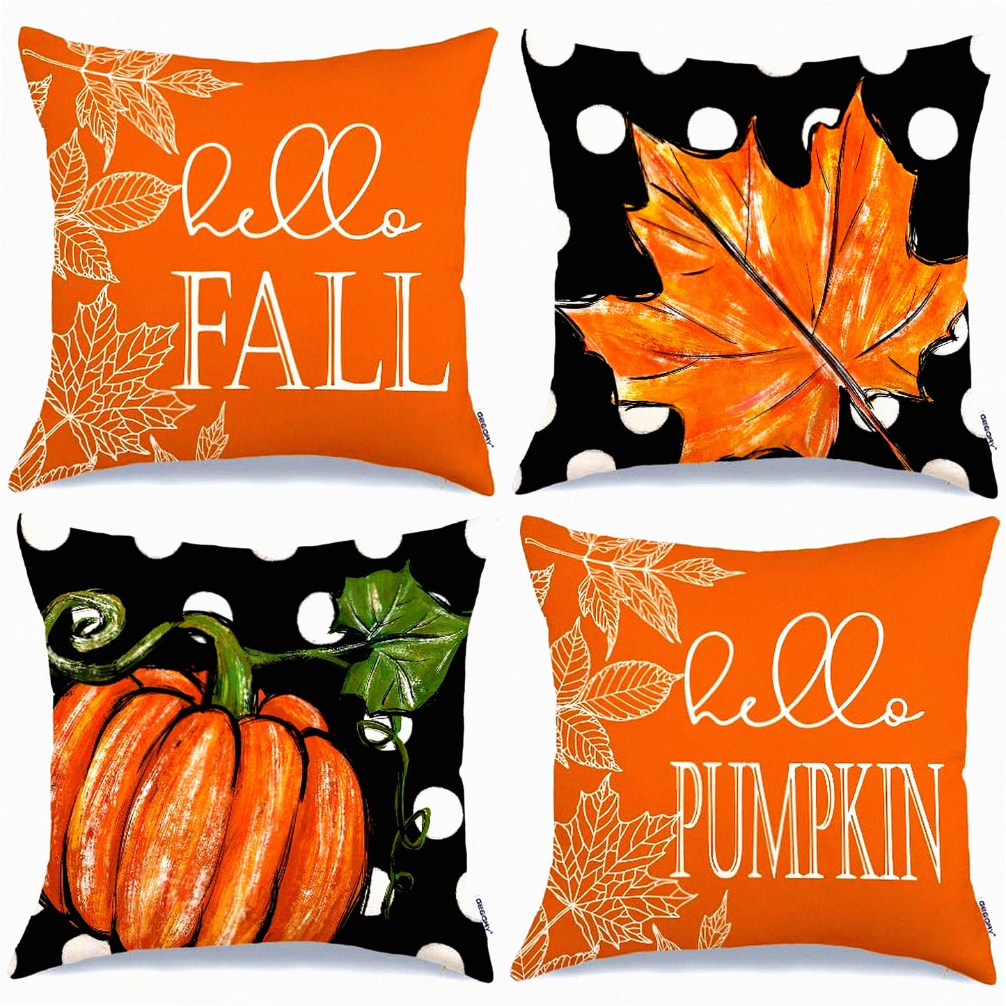 Autumn Harvest Pillow Cover Set - Pumpkin Maple Leaves Farmhouse Decorative Throw Pillow Cases for Home Couch - 18x18 Inch - Orange Color - Set of 4