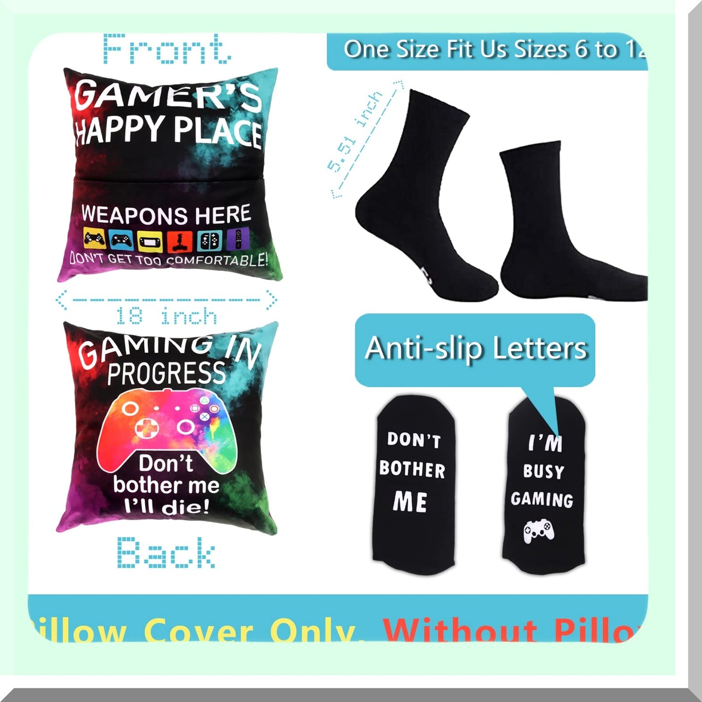 Ultimate Gamer Bundle: Pillow Cover & Socks Set - Gaming Room Decor for Teenage Boys - 18" x 18" - Perfect Gamer Gifts for Teens - Game Room Essentials