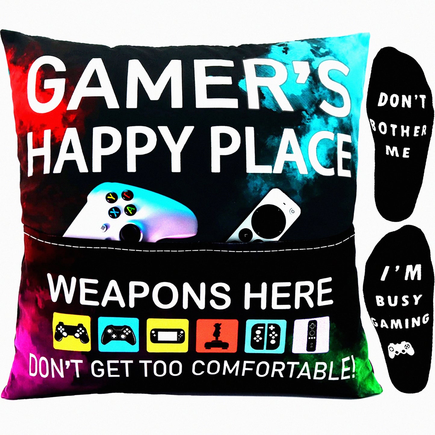 Ultimate Gamer Bundle: Pillow Cover & Socks Set - Gaming Room Decor for Teenage Boys - 18" x 18" - Perfect Gamer Gifts for Teens - Game Room Essentials