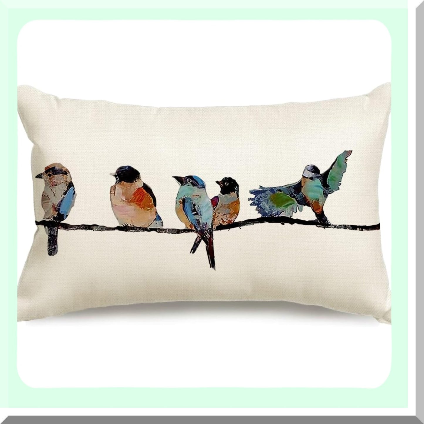 Birdsong Linen Lumbar Pillow Set - Hand-Painted Outdoor Birds Decorative Throw Cushions for Couch & Sofa in Teal Blue. Perfect for Spring & Summer!