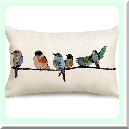 Birdsong Linen Lumbar Pillow Set - Hand-Painted Outdoor Birds Decorative Throw Cushions for Couch & Sofa in Teal Blue. Perfect for Spring & Summer!