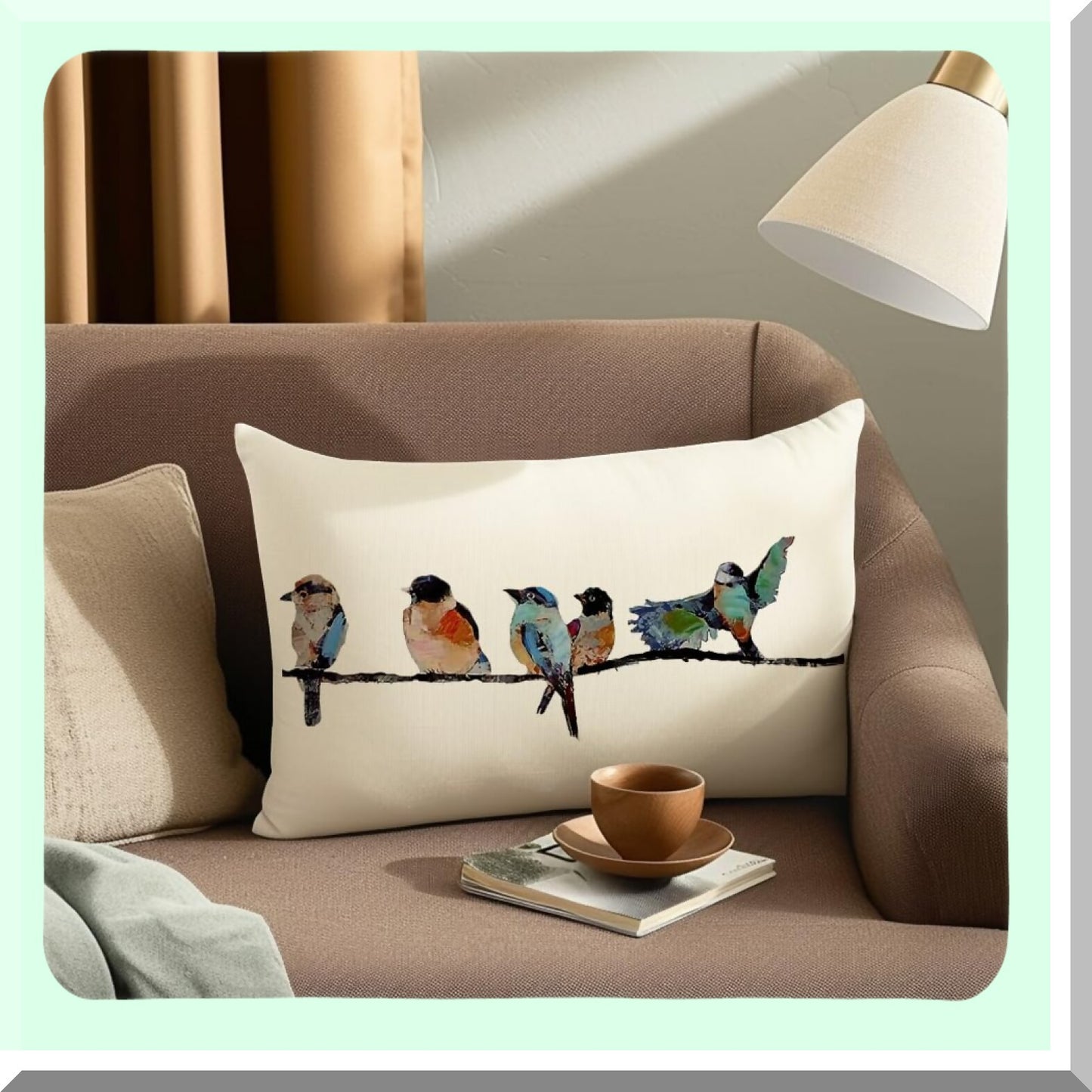 Birdsong Linen Lumbar Pillow Set - Hand-Painted Outdoor Birds Decorative Throw Cushions for Couch & Sofa in Teal Blue. Perfect for Spring & Summer!