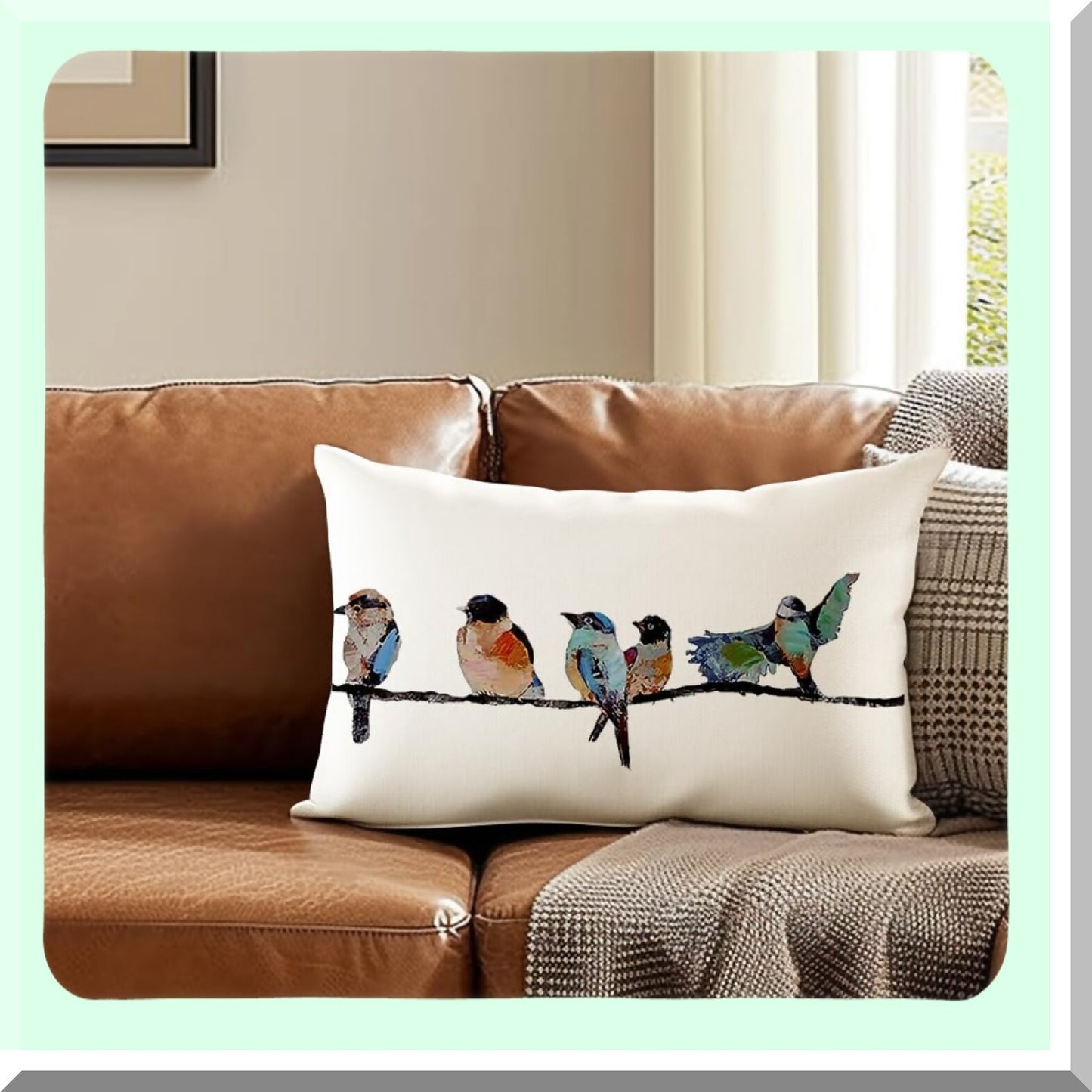 Birdsong Linen Lumbar Pillow Set - Hand-Painted Outdoor Birds Decorative Throw Cushions for Couch & Sofa in Teal Blue. Perfect for Spring & Summer!