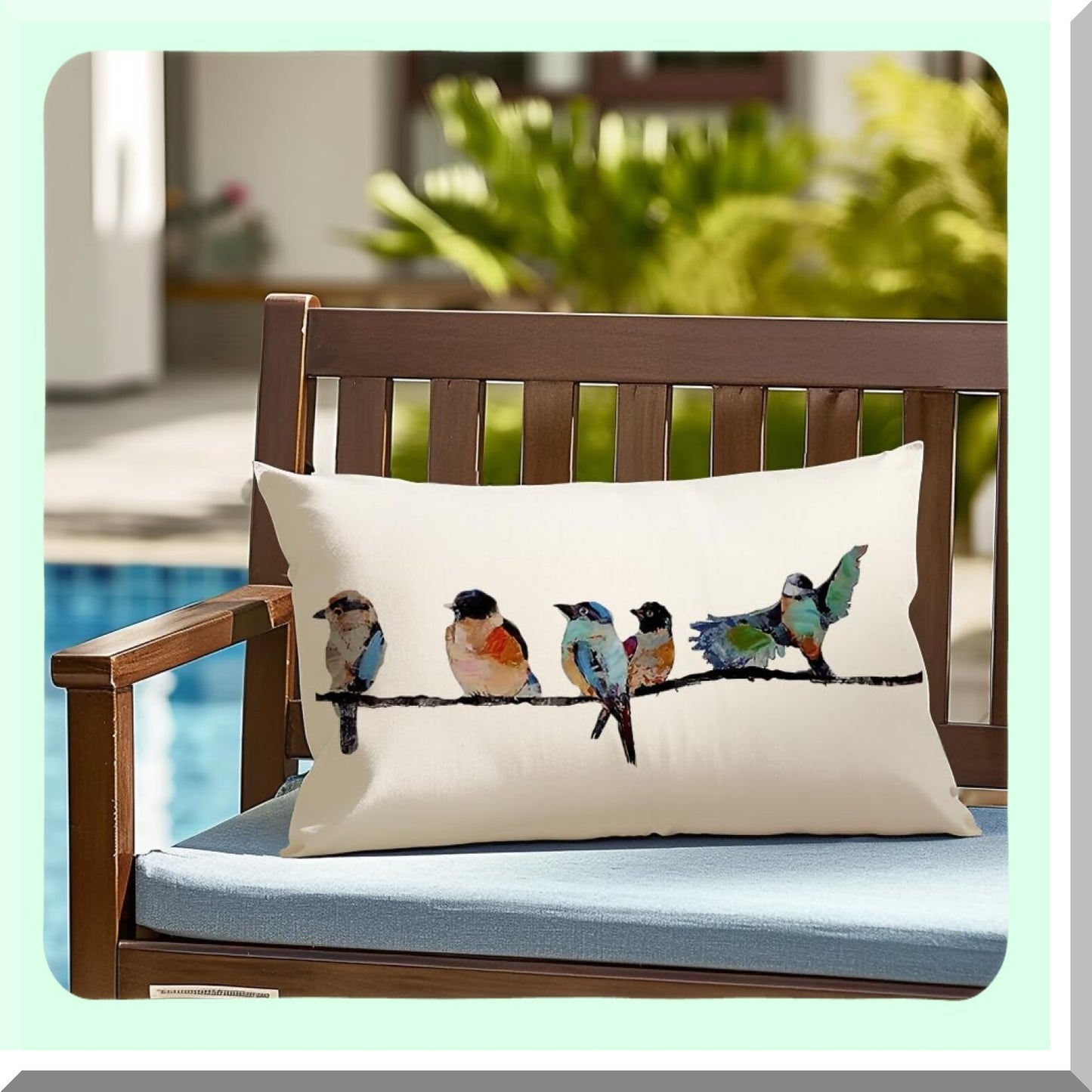 Birdsong Linen Lumbar Pillow Set - Hand-Painted Outdoor Birds Decorative Throw Cushions for Couch & Sofa in Teal Blue. Perfect for Spring & Summer!