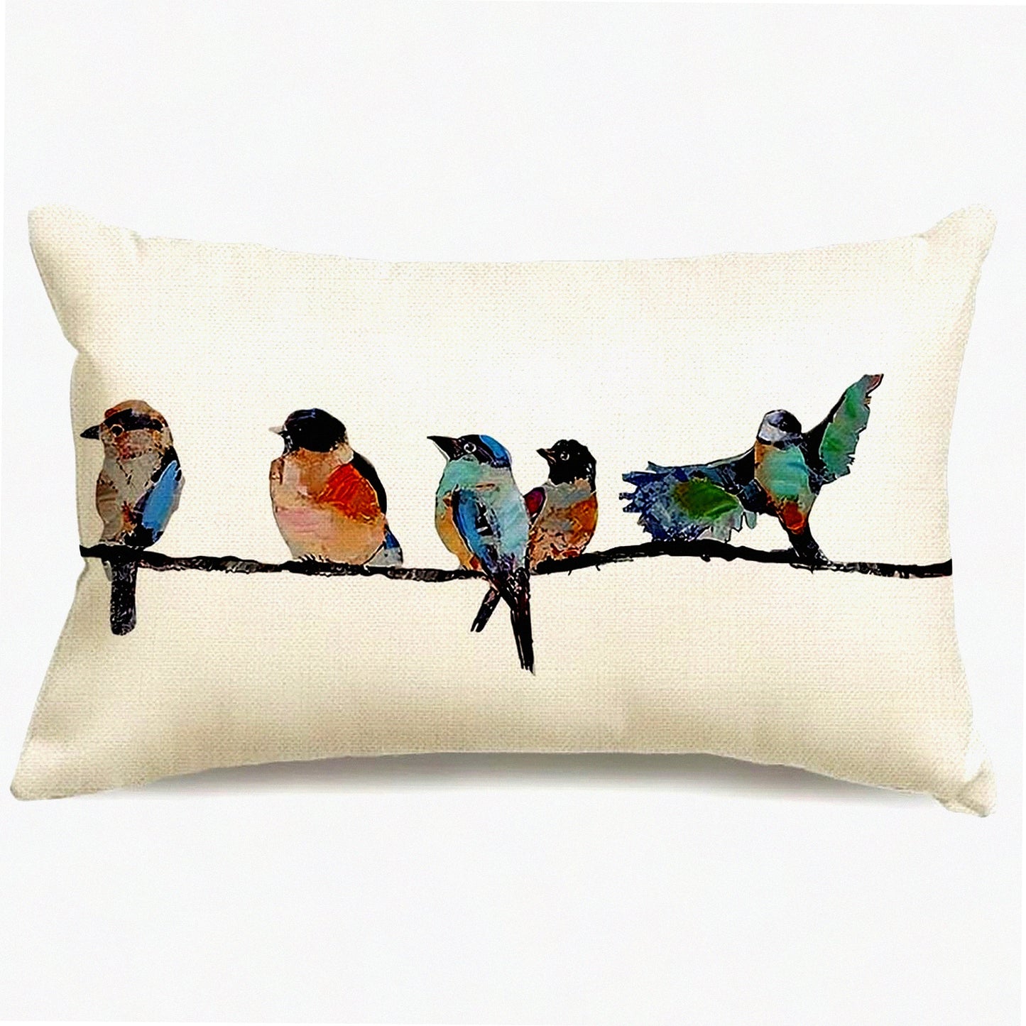 Birdsong Linen Lumbar Pillow Set - Hand-Painted Outdoor Birds Decorative Throw Cushions for Couch & Sofa in Teal Blue. Perfect for Spring & Summer!