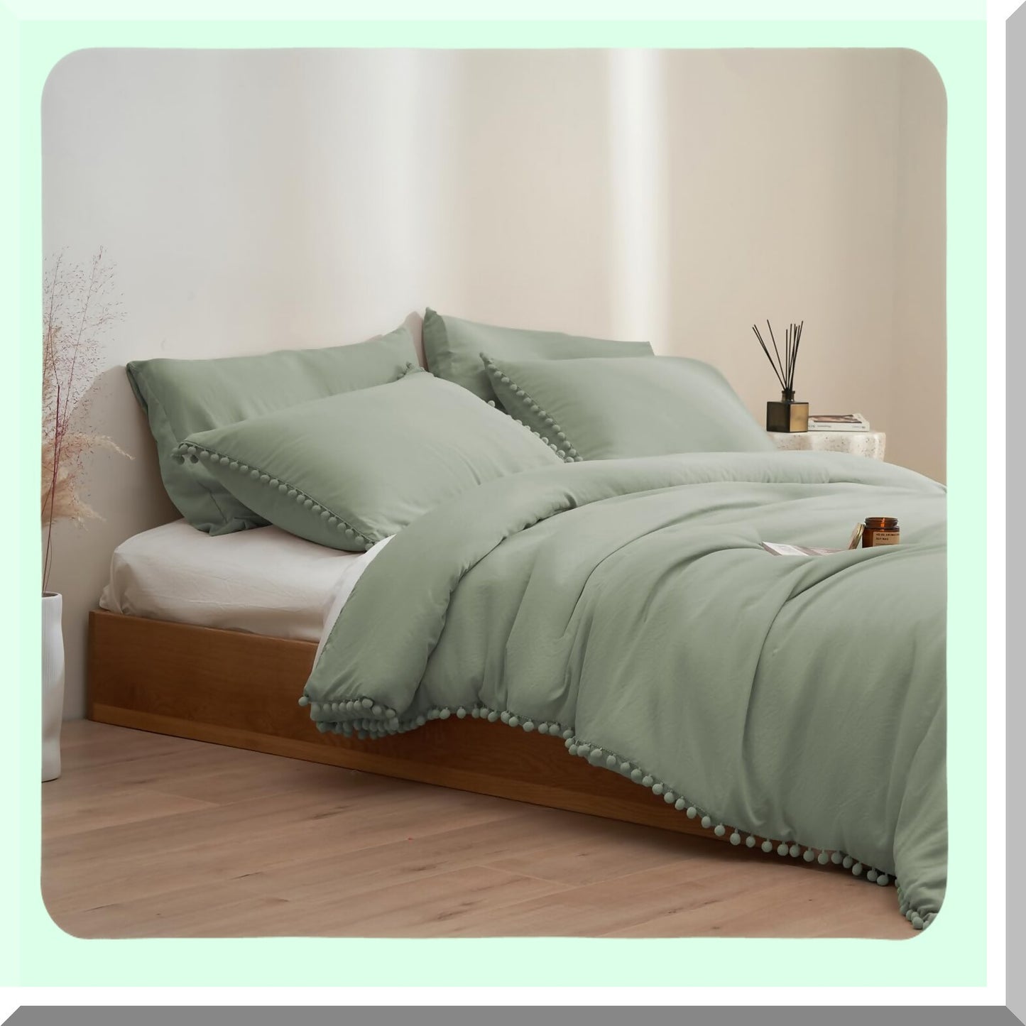 Sage Green Pom Pom Comforter Set - Full Size Bedding with Fringe Detail - Solid Camel Green Comforter with 4 Pillowcases - Cozy Comfort for Women and Men