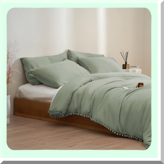 Sage Green Pom Pom Comforter Set - Full Size Bedding with Fringe Detail - Solid Camel Green Comforter with 4 Pillowcases - Cozy Comfort for Women and Men