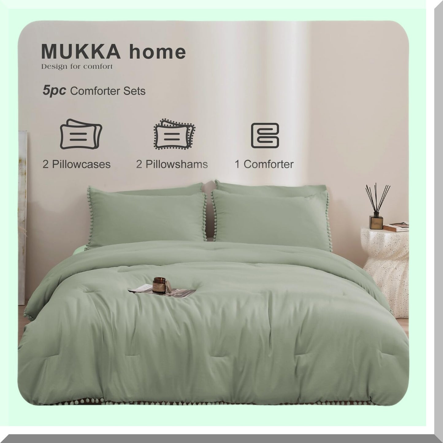 Sage Green Pom Pom Comforter Set - Full Size Bedding with Fringe Detail - Solid Camel Green Comforter with 4 Pillowcases - Cozy Comfort for Women and Men