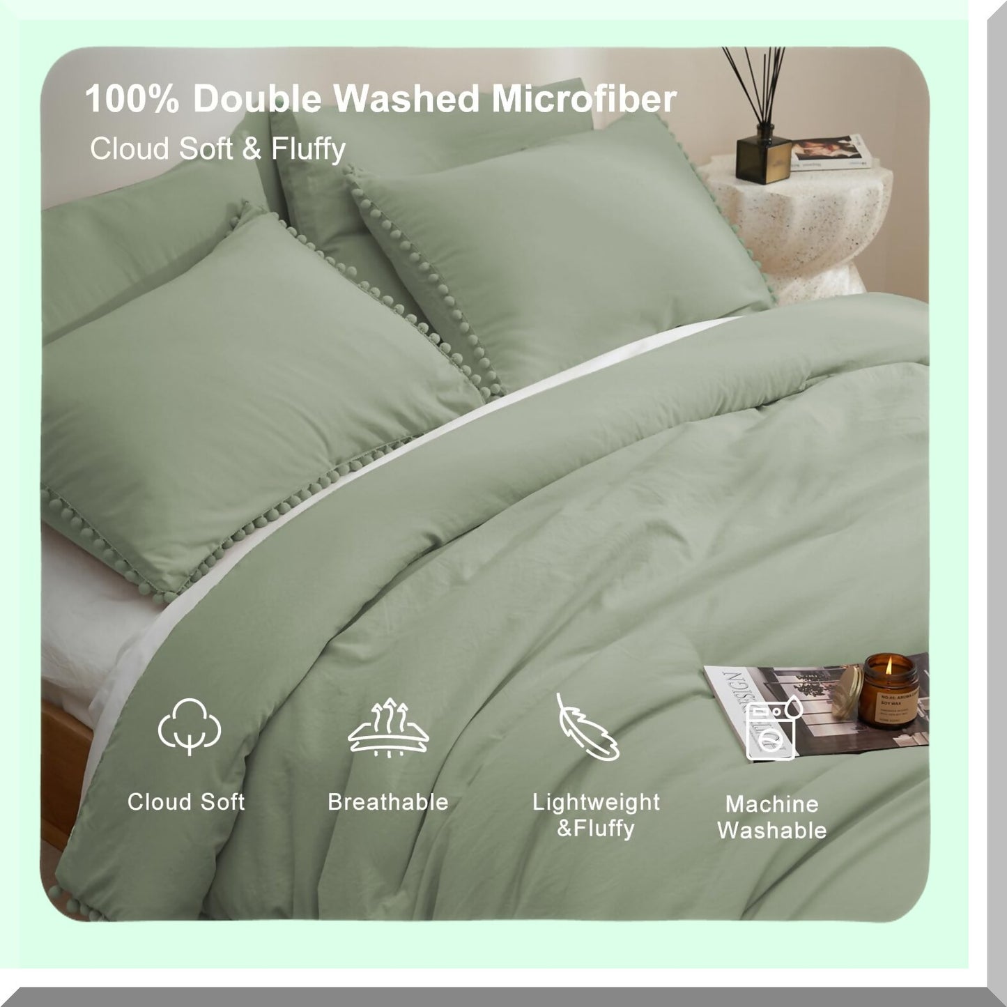 Sage Green Pom Pom Comforter Set - Full Size Bedding with Fringe Detail - Solid Camel Green Comforter with 4 Pillowcases - Cozy Comfort for Women and Men