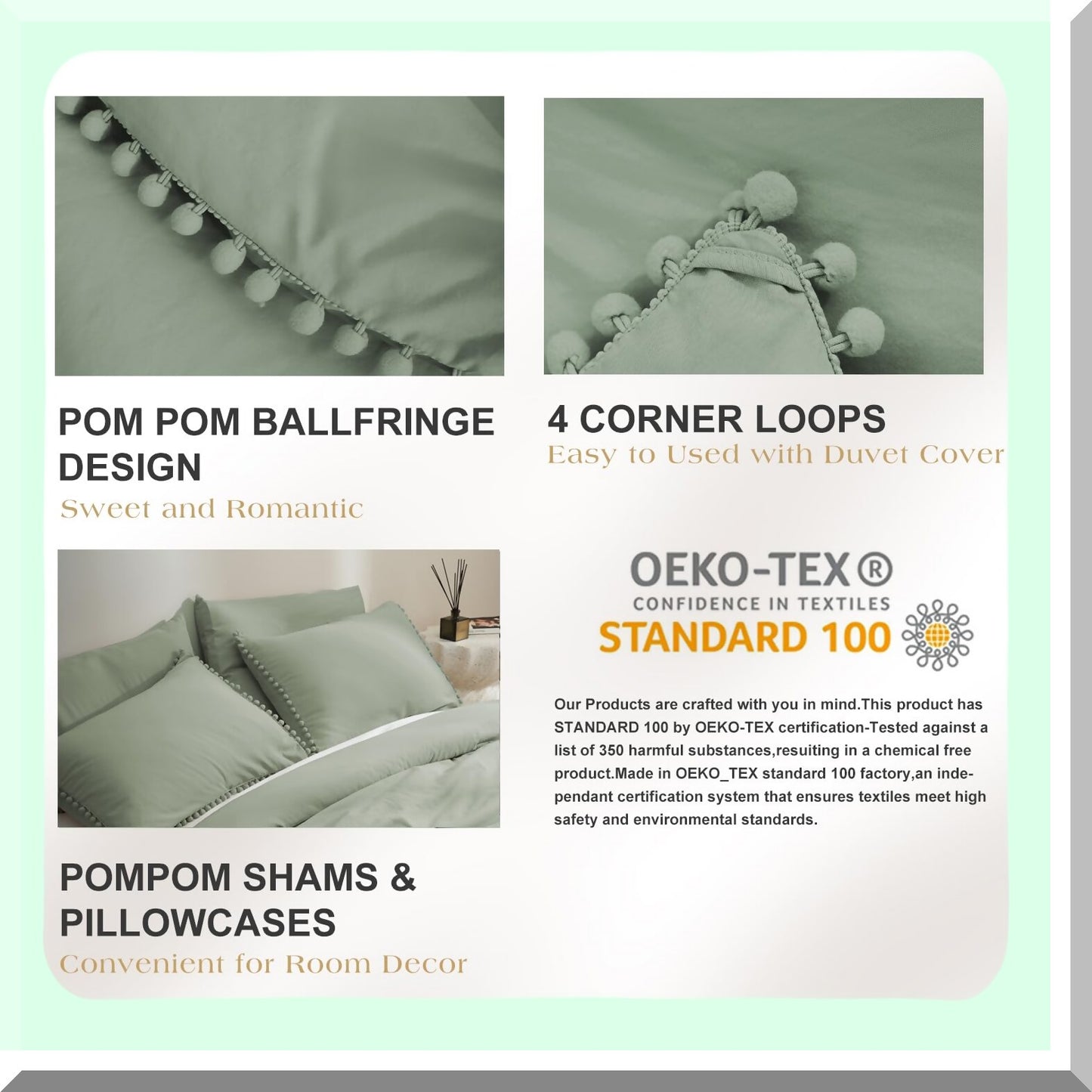 Sage Green Pom Pom Comforter Set - Full Size Bedding with Fringe Detail - Solid Camel Green Comforter with 4 Pillowcases - Cozy Comfort for Women and Men