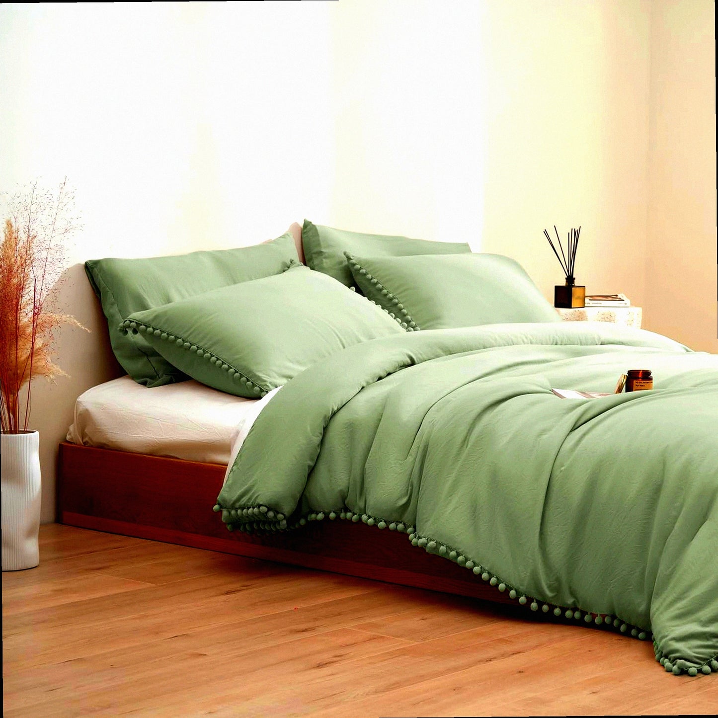 Sage Green Pom Pom Comforter Set - Full Size Bedding with Fringe Detail - Solid Camel Green Comforter with 4 Pillowcases - Cozy Comfort for Women and Men
