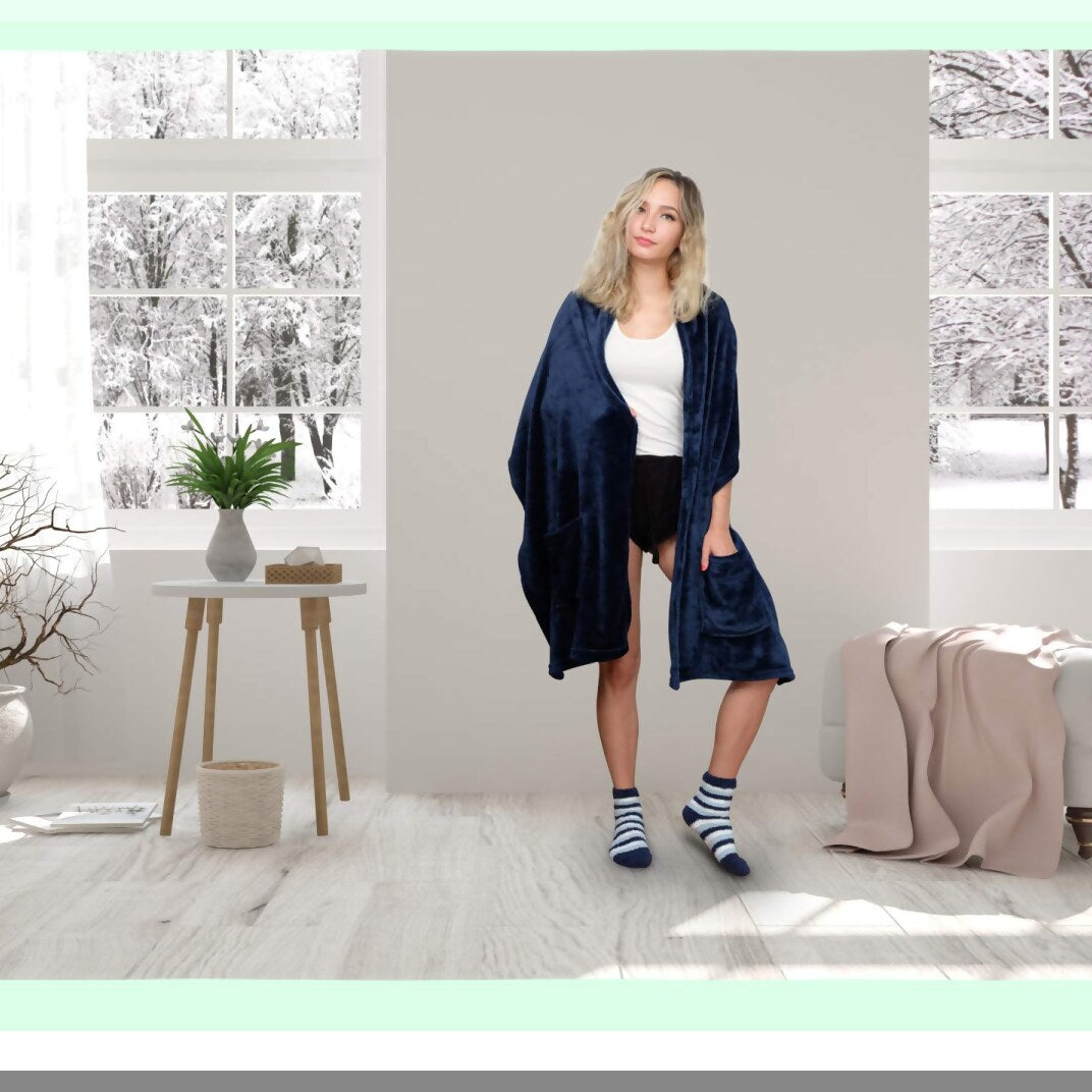 Ultra Plush Cozy Flannel Fleece Snuggle Robe with Pockets & Bonus Striped Socks