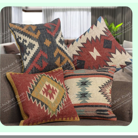 Boho Kilim Cushion Cover Set - 18X18 Pillows & Shams with Ethnic Jute Rug Cases - 4 PCS Boho Shams Collection