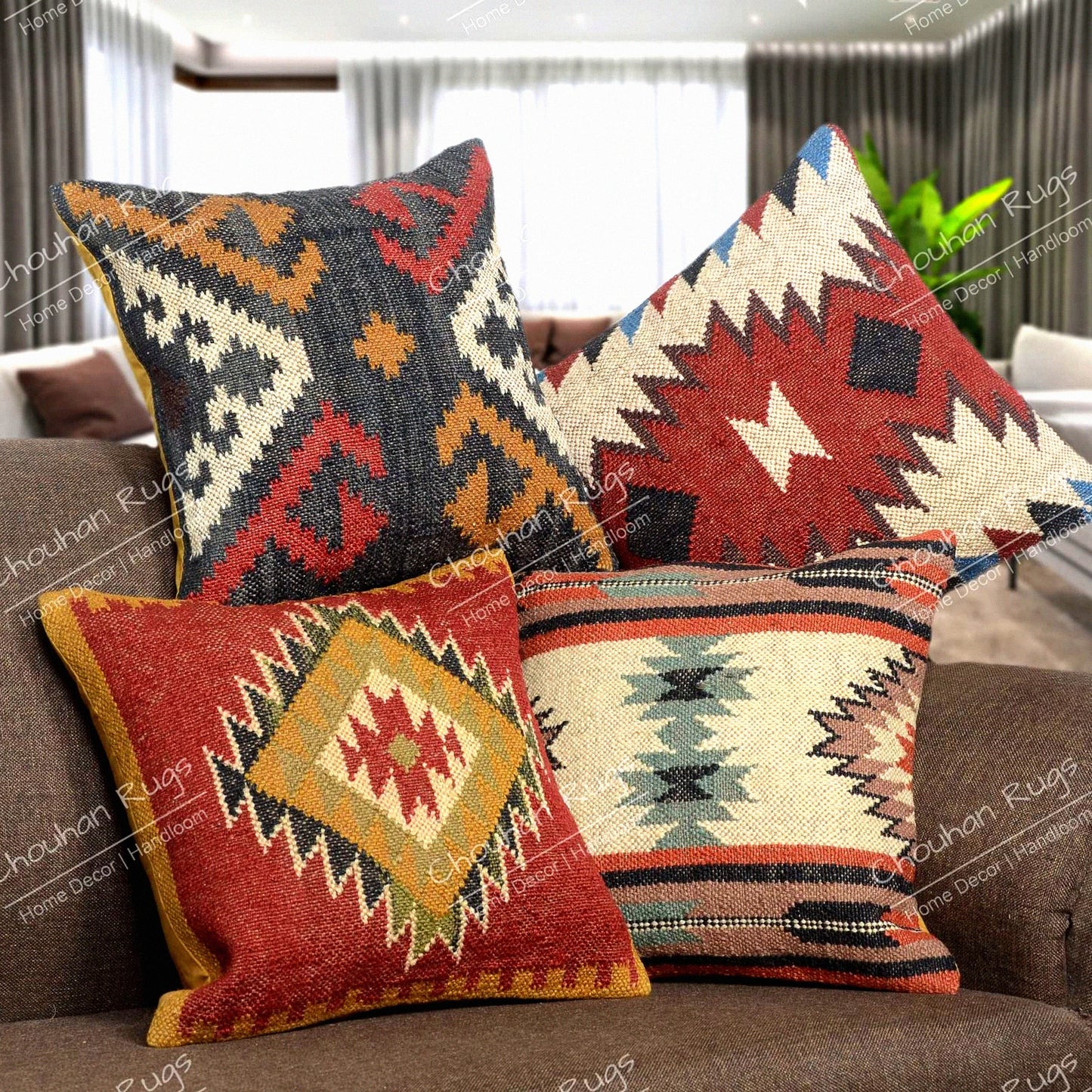 Boho Kilim Cushion Cover Set - 18X18 Pillows & Shams with Ethnic Jute Rug Cases - 4 PCS Boho Shams Collection