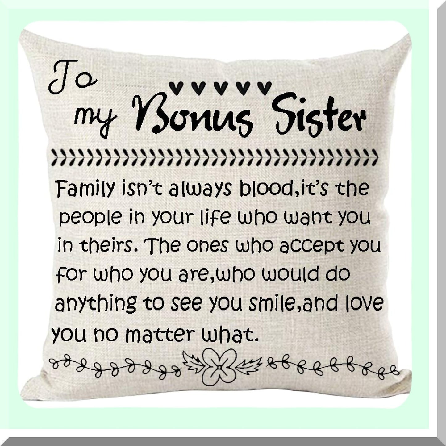 Family Love Quote Decorative Pillow Cover - Black Word Art Bonus Sister Home Decor - Cotton Linen Square 18x18 Inches for Living Room, Bed, Sofa, Car