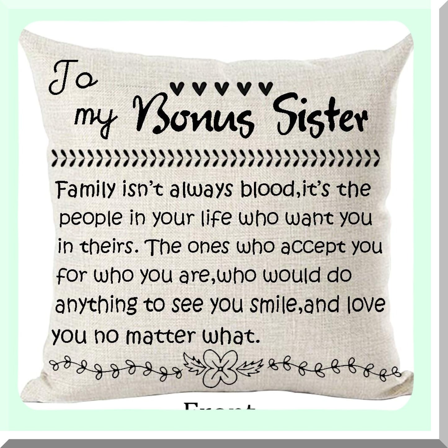 Family Love Quote Decorative Pillow Cover - Black Word Art Bonus Sister Home Decor - Cotton Linen Square 18x18 Inches for Living Room, Bed, Sofa, Car