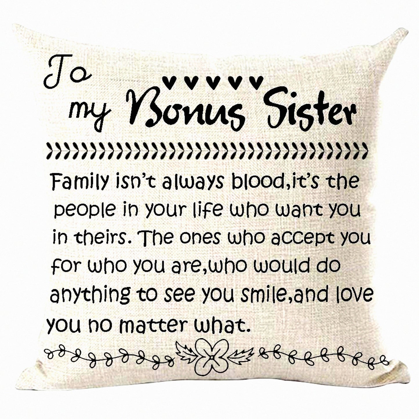Family Love Quote Decorative Pillow Cover - Black Word Art Bonus Sister Home Decor - Cotton Linen Square 18x18 Inches for Living Room, Bed, Sofa, Car