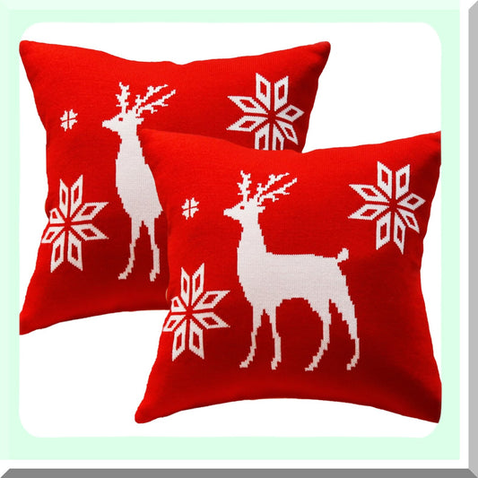 Red Deer Sweater Pillow Covers - Set of 2 | White Deer Decorative Cushion Cases for Home Decor | 18x18 Throw Pillowcases for Bed, Sofa, Chair