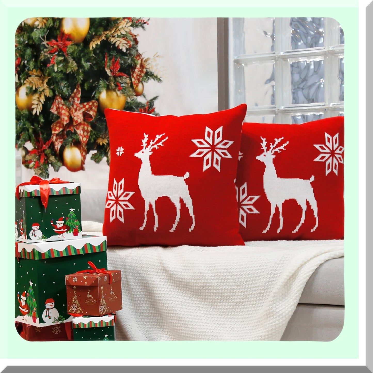 Red Deer Sweater Pillow Covers - Set of 2 | White Deer Decorative Cushion Cases for Home Decor | 18x18 Throw Pillowcases for Bed, Sofa, Chair