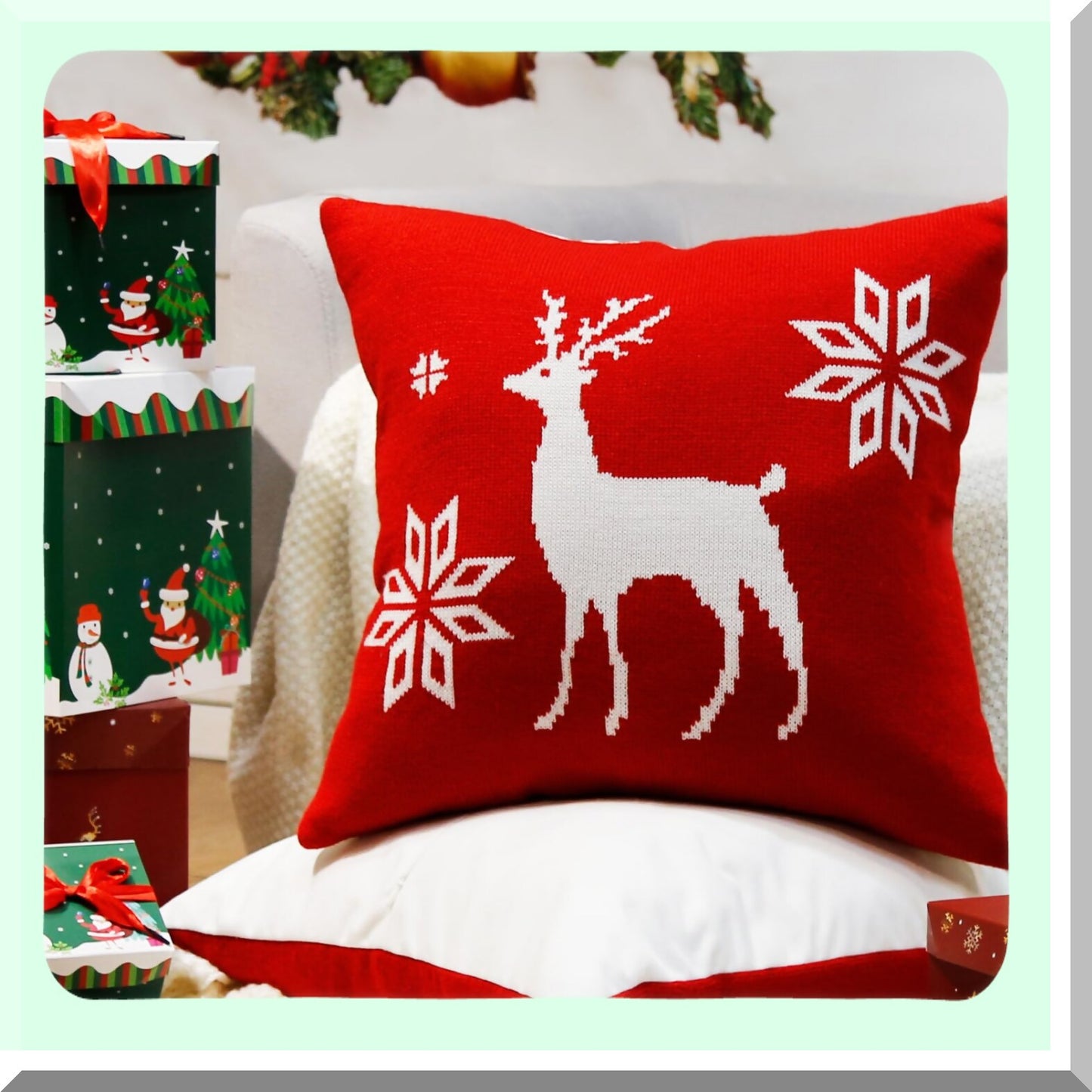 Red Deer Sweater Pillow Covers - Set of 2 | White Deer Decorative Cushion Cases for Home Decor | 18x18 Throw Pillowcases for Bed, Sofa, Chair