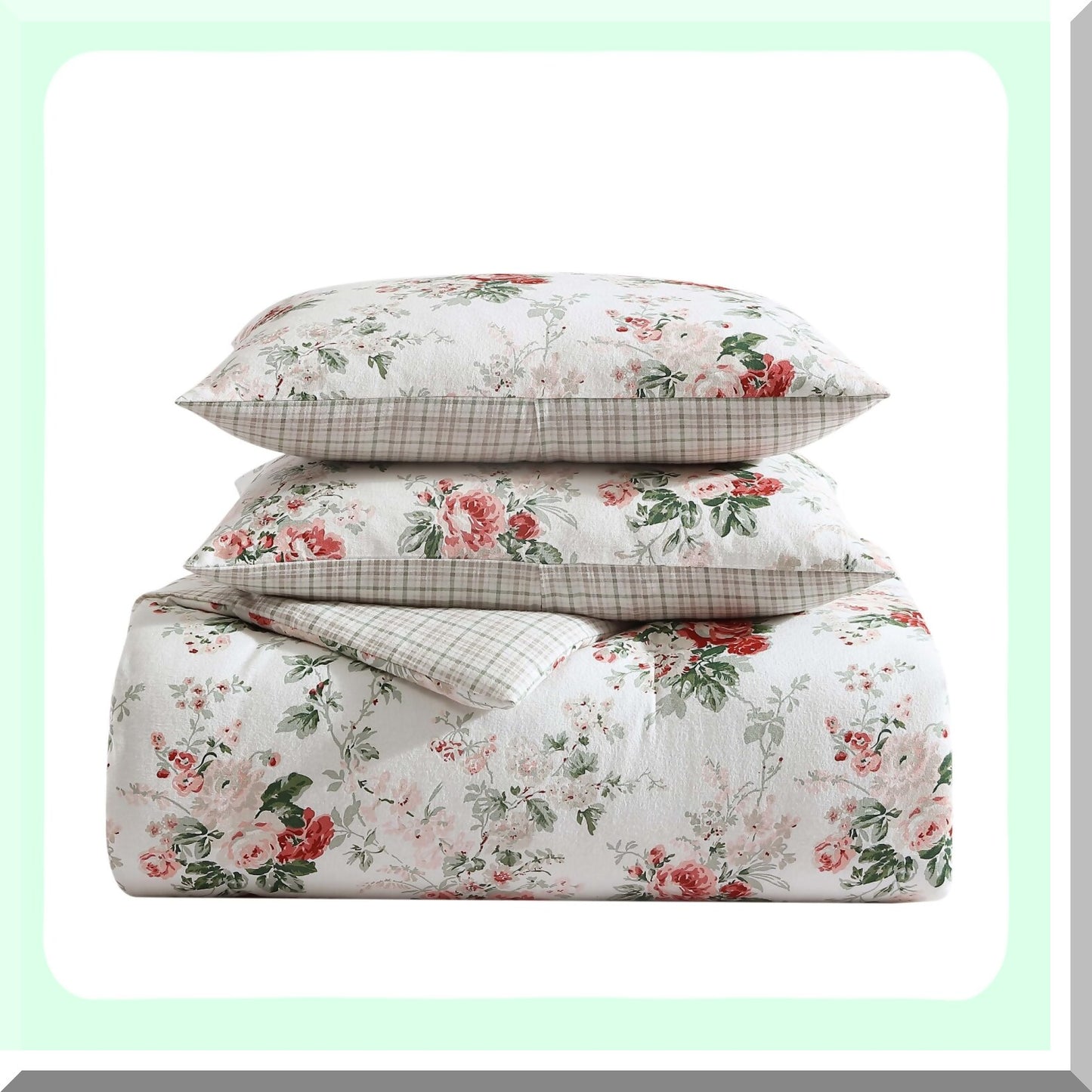 CozyFluff Reversible Cotton Flannel Comforter Set - Ashfield Red - Luxuriously Soft Bedding with Matching Shams - Warm Home Decor