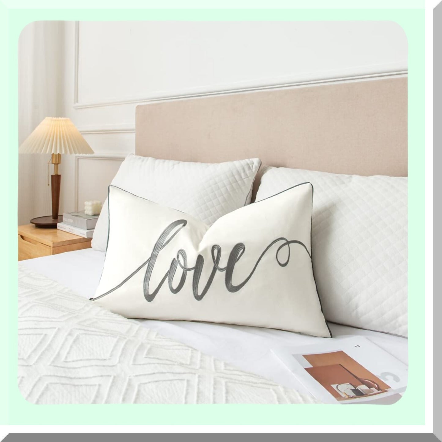 Love Nest Embroidered Lumbar Pillow Cover - Soft Cotton Rectangular Decorative Accent Case for Bed and Bedroom - Grey - 14x24 Inches