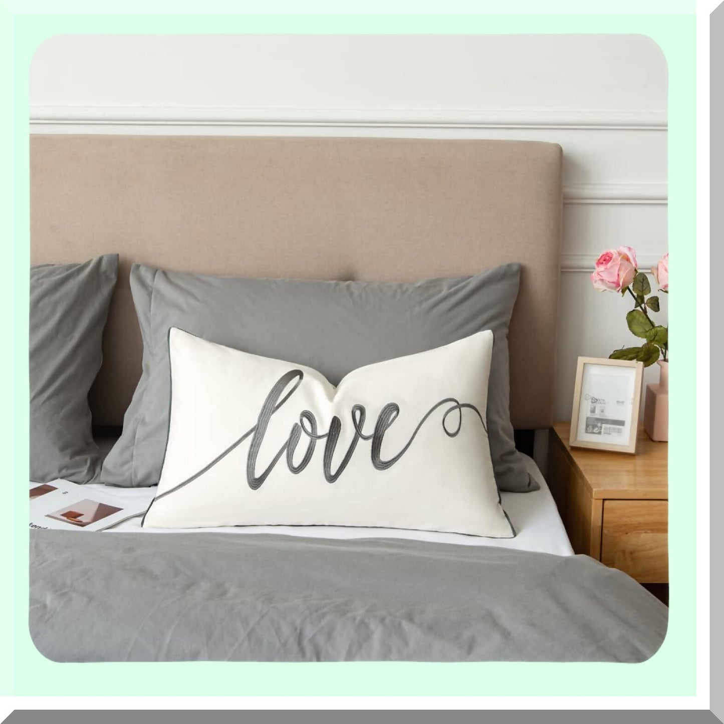 Love Nest Embroidered Lumbar Pillow Cover - Soft Cotton Rectangular Decorative Accent Case for Bed and Bedroom - Grey - 14x24 Inches