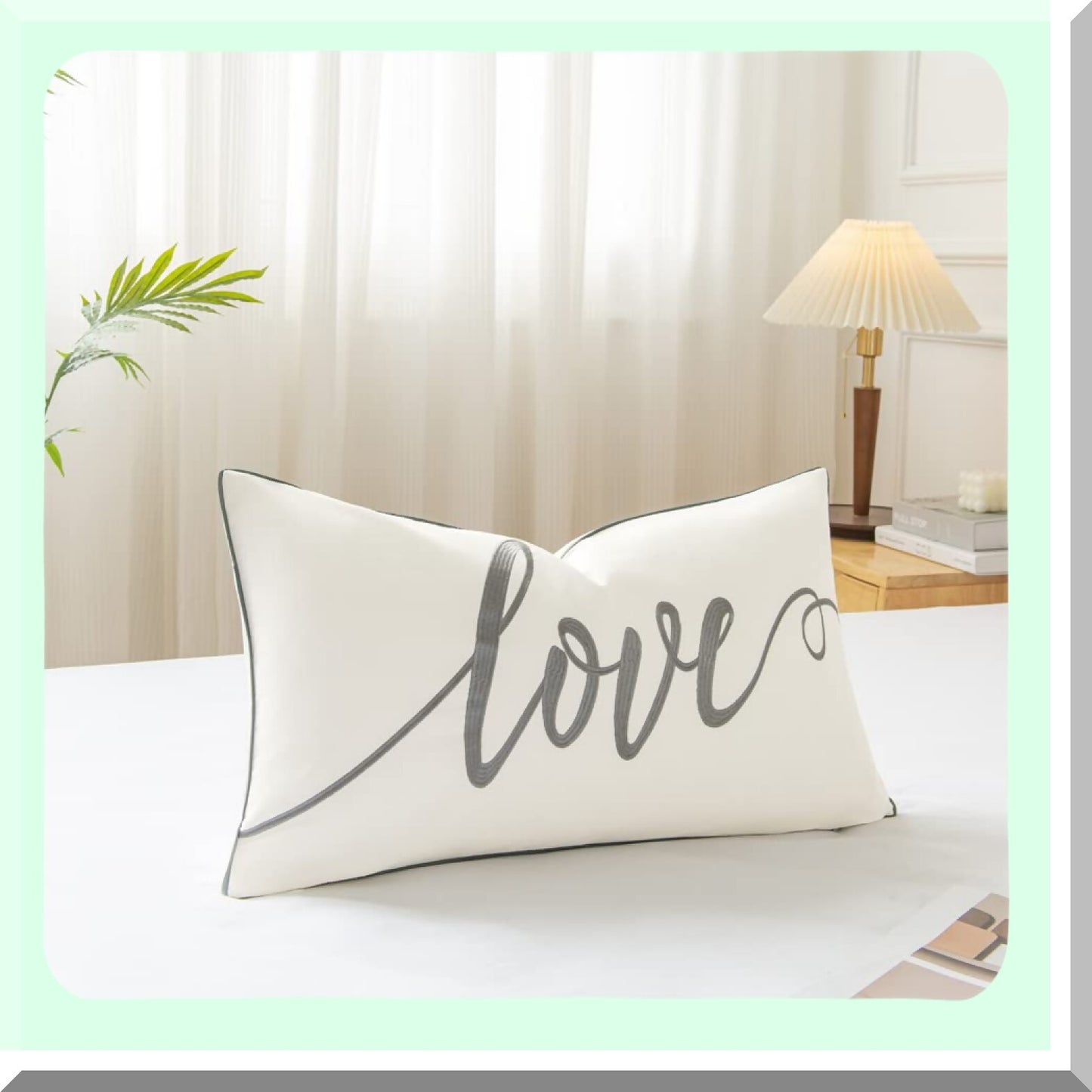 Love Nest Embroidered Lumbar Pillow Cover - Soft Cotton Rectangular Decorative Accent Case for Bed and Bedroom - Grey - 14x24 Inches