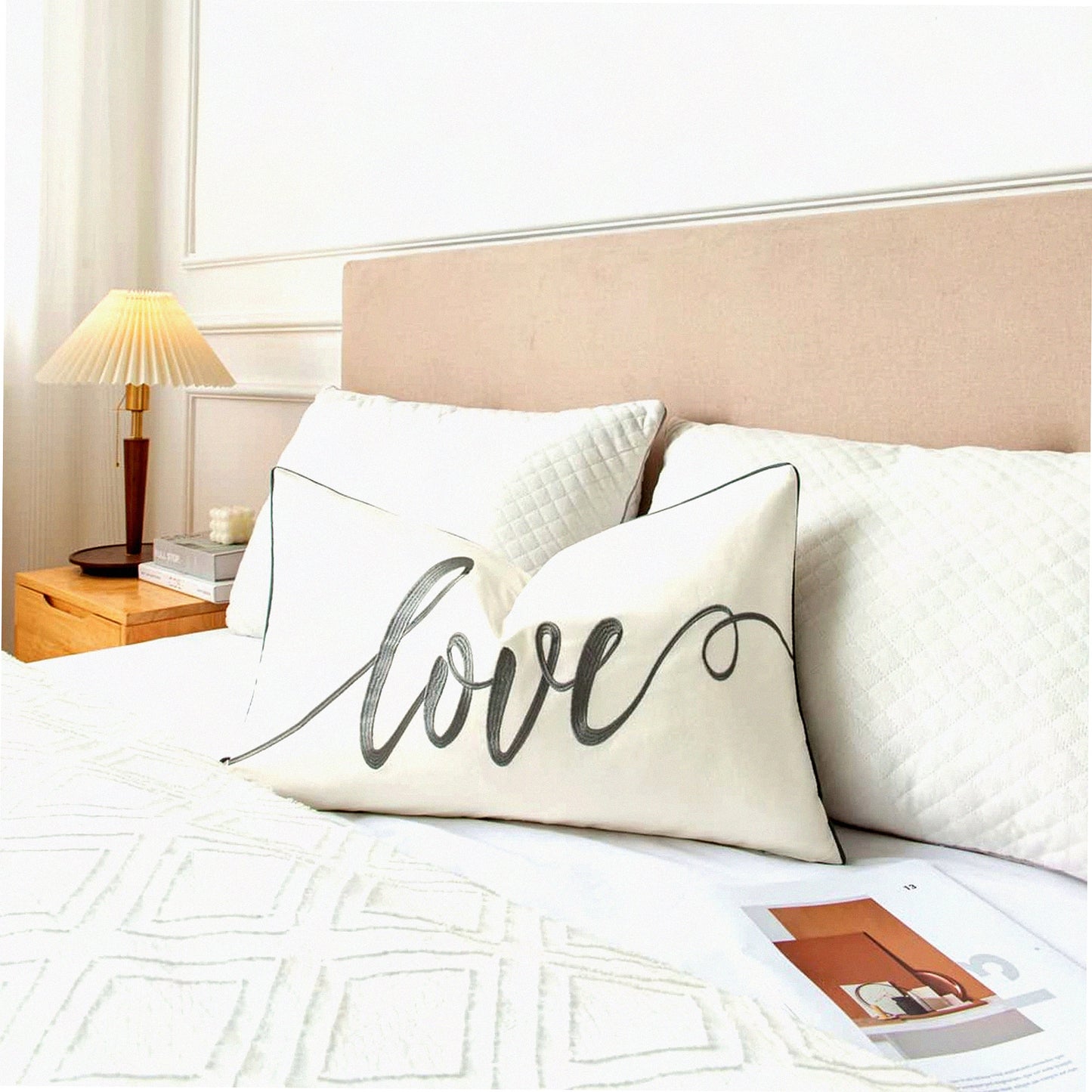 Love Nest Embroidered Lumbar Pillow Cover - Soft Cotton Rectangular Decorative Accent Case for Bed and Bedroom - Grey - 14x24 Inches