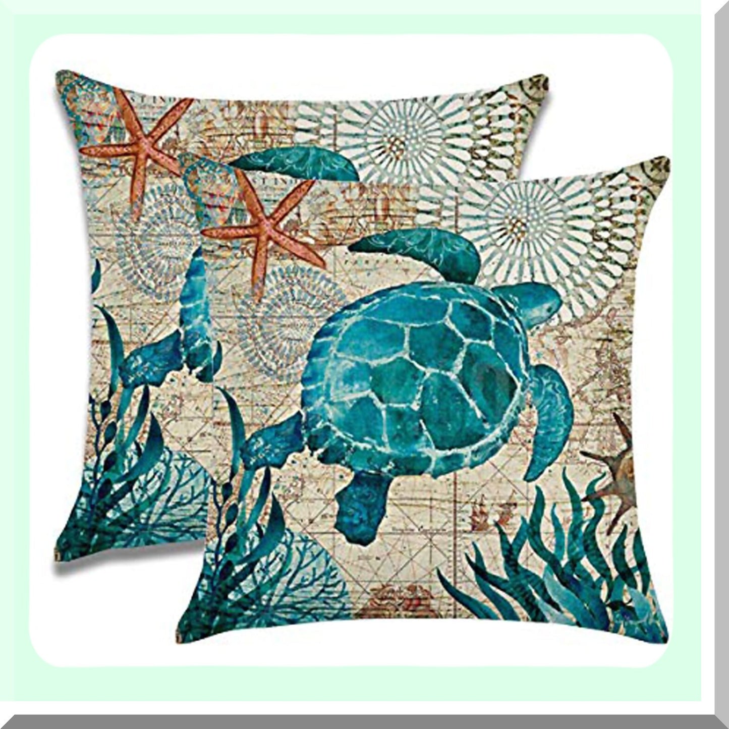 SeaTurtle Coastal Pillow Covers - Set of 2 Ocean Theme Decorative Cushion Cases for Patio Sofa, Nautical Home Decor Throw Pillowcases