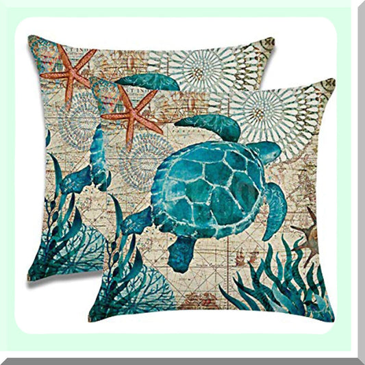SeaTurtle Coastal Pillow Covers - Set of 2 Ocean Theme Decorative Cushion Cases for Patio Sofa, Nautical Home Decor Throw Pillowcases