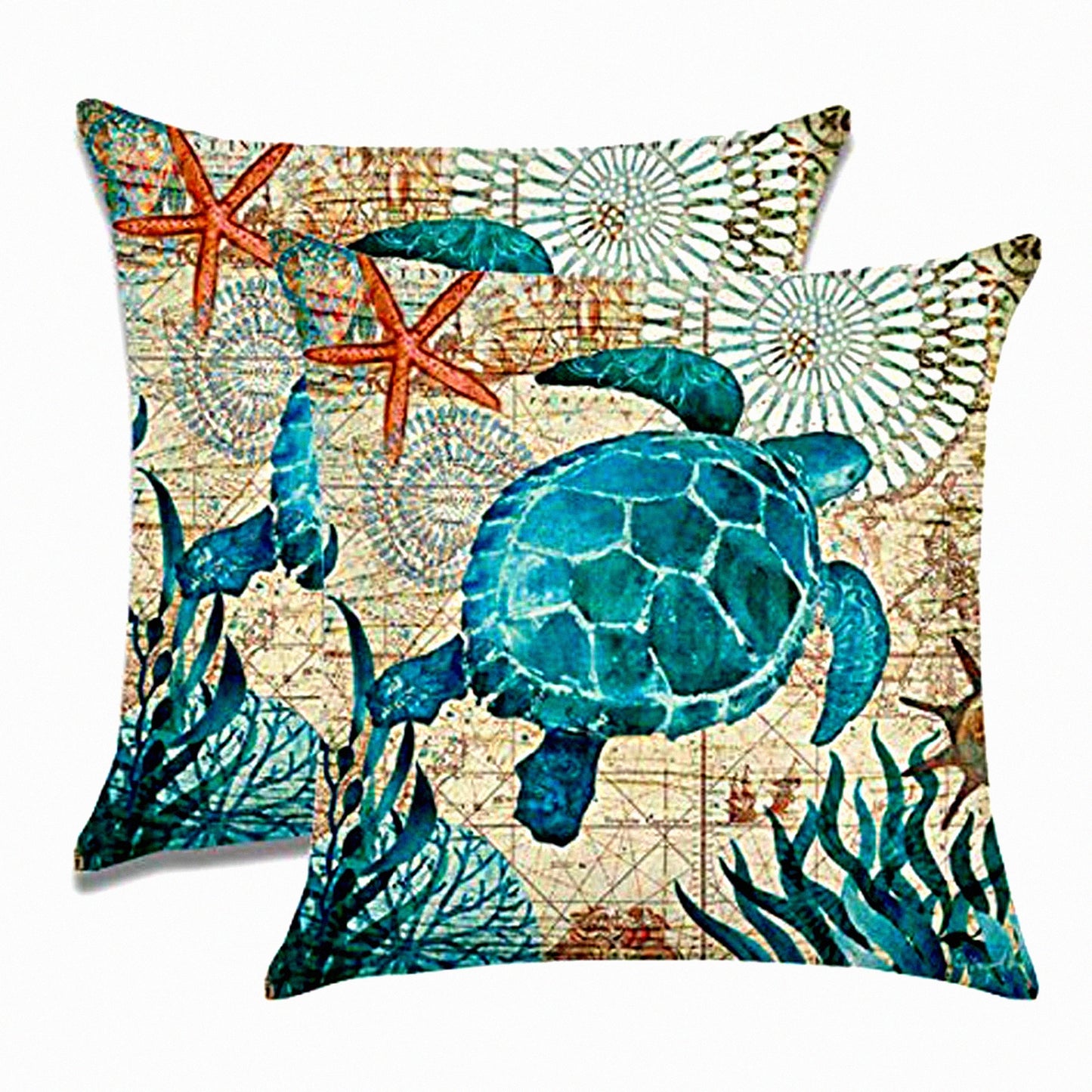 SeaTurtle Coastal Pillow Covers - Set of 2 Ocean Theme Decorative Cushion Cases for Patio Sofa, Nautical Home Decor Throw Pillowcases