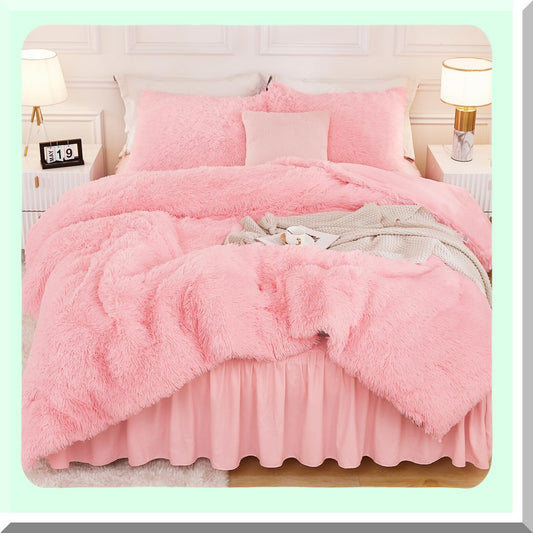 Plush Pink Dream Comforter Set - 3 Piece Fluffy Bedding Set with Shaggy Velvet Comforter & Pillowcases - Soft Puffy Down Alternative Bedding