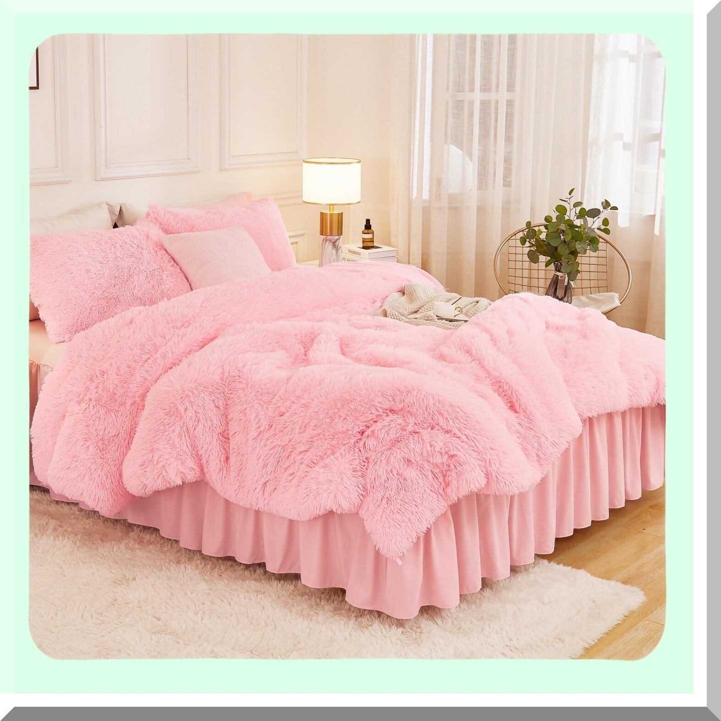 Plush Pink Dream Comforter Set - 3 Piece Fluffy Bedding Set with Shaggy Velvet Comforter & Pillowcases - Soft Puffy Down Alternative Bedding